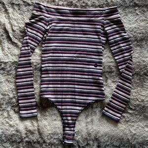 Juniors Hollister Off-the Shoulder Long Sleeve Striped Bodysuit